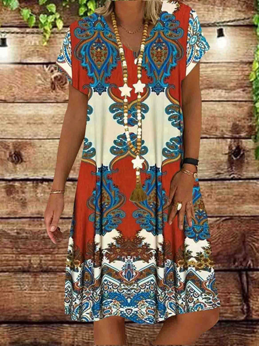 Summer New Short-sleeved Printed Dress Mid-length A-line Skirt