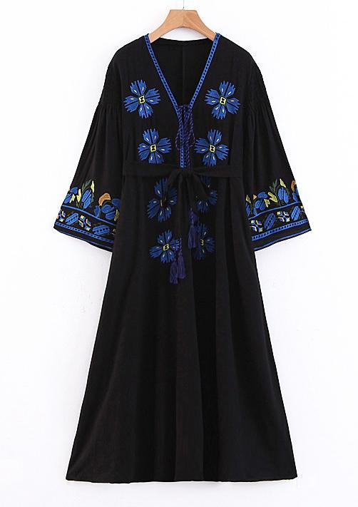 Boho Tassels Floral Embroidery V-neck Loose Long Dress