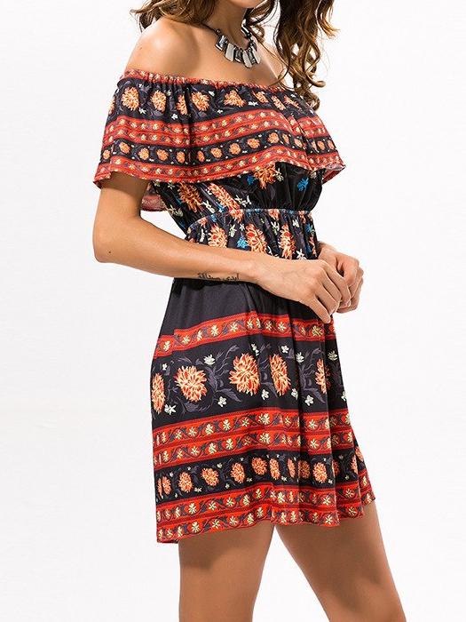 Off shoulder Tribal Floral Summer High Waist Beach Sexy Mini Dress