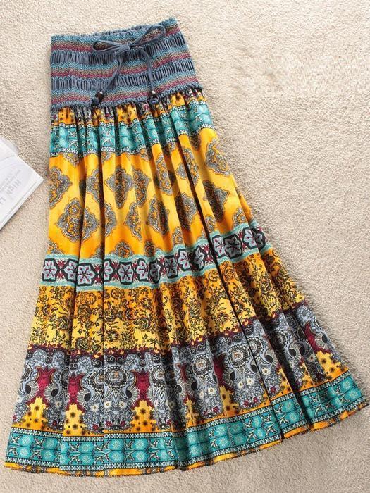 Fashion Elastic Waist Bohemian Style Floral Women Skirt