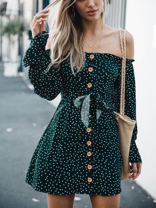 Off Shoulder Casual Sweet A-Line Polka Dots Women Mini Dress