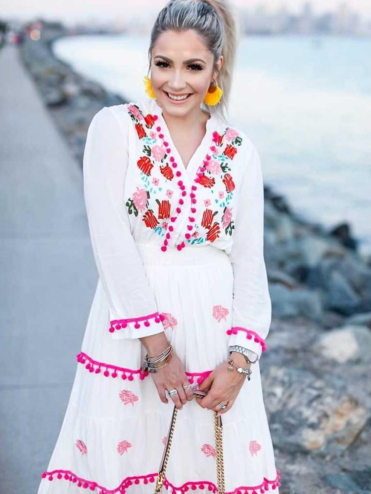 Floral Embroidered Hippie White Long Sleeve Pompom Maxi Dress