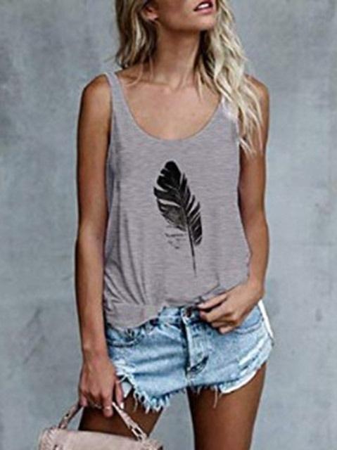 Women's Casual Sleeveless O-Neck Pullover Feather Print Tank Top Loose Vest T-Shirt