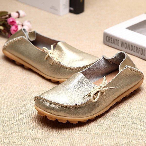 Big Size Shine Lace Up Flat Soft Pure Color Leather Shoes