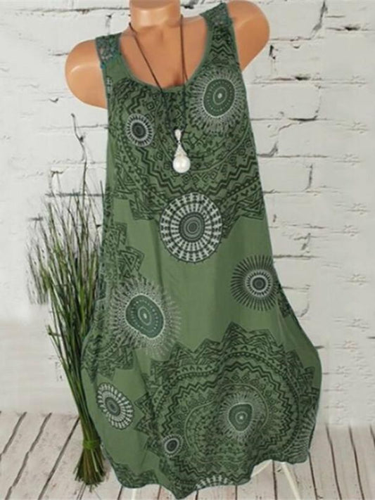 Casual Dresses Women Printed Sleeveless Vestidos Summer Dress Lace Patchwork Women Dress Hollow Printing Plus Size