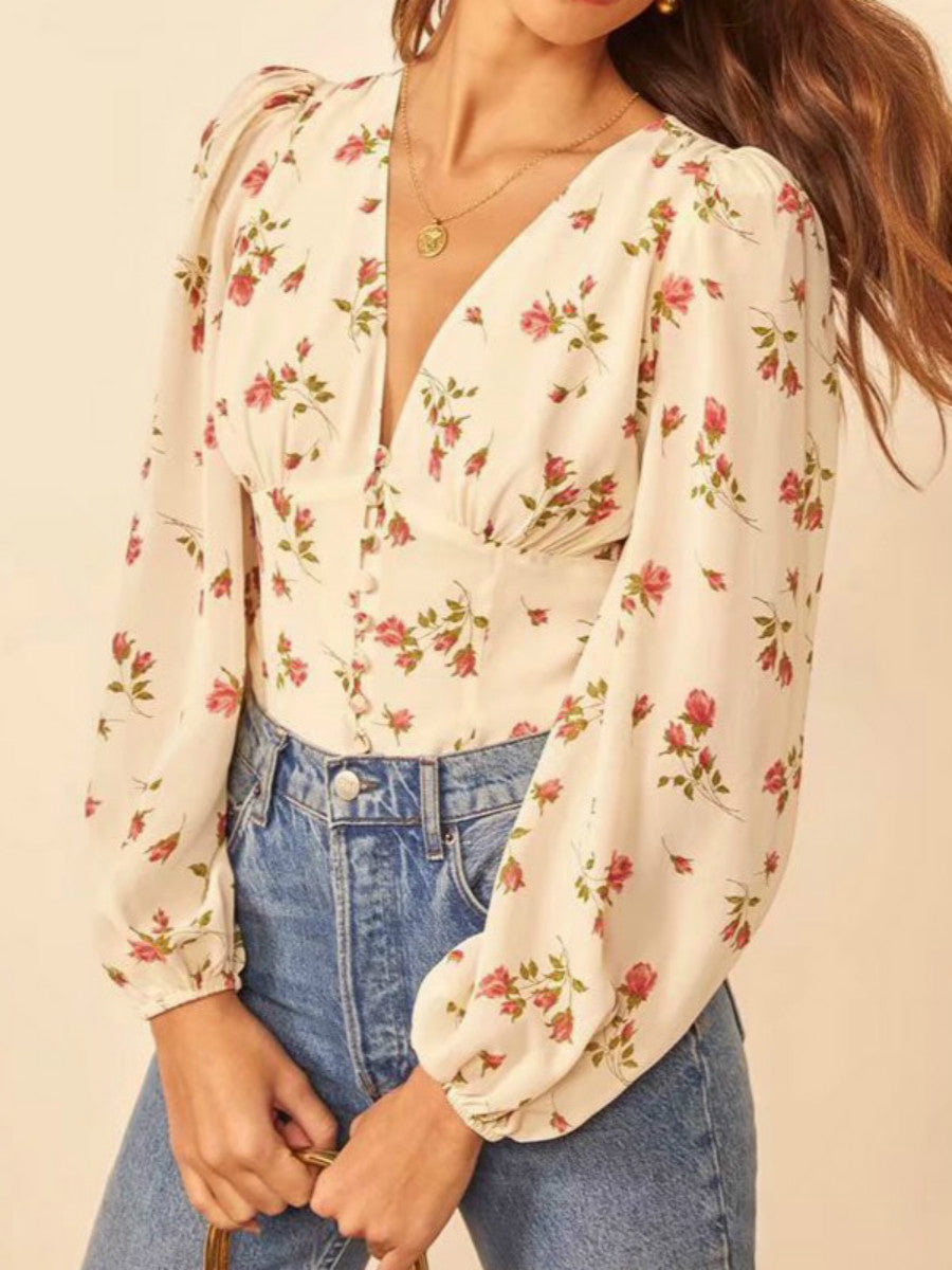 Summer Fashion Waistband Shows Thin Printed Lantern Sleeve Long Sleeve Top