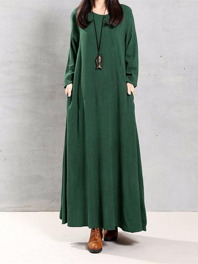 Women Vintage Cotton Tunic Loose Large Size Long Sleeve Maxi Dress