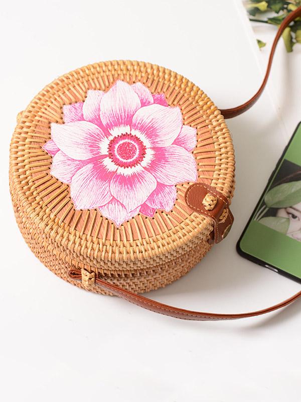 Boho Style Rattan Flower Pattern Round Bag