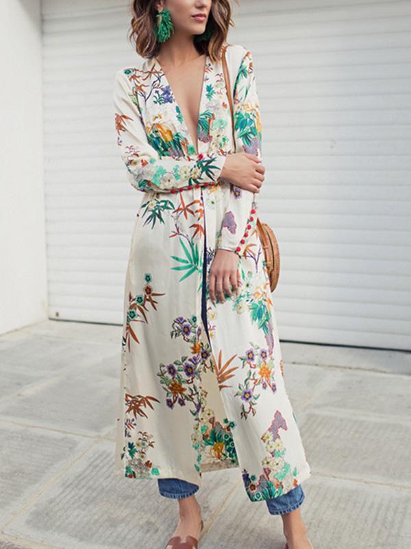 Sexy Boho Deep V Neck Floral Printed Long Sleeves Dress