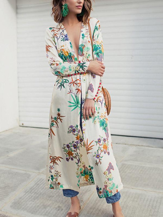 Sexy Boho Deep V Neck Floral Printed Long Sleeves Dress