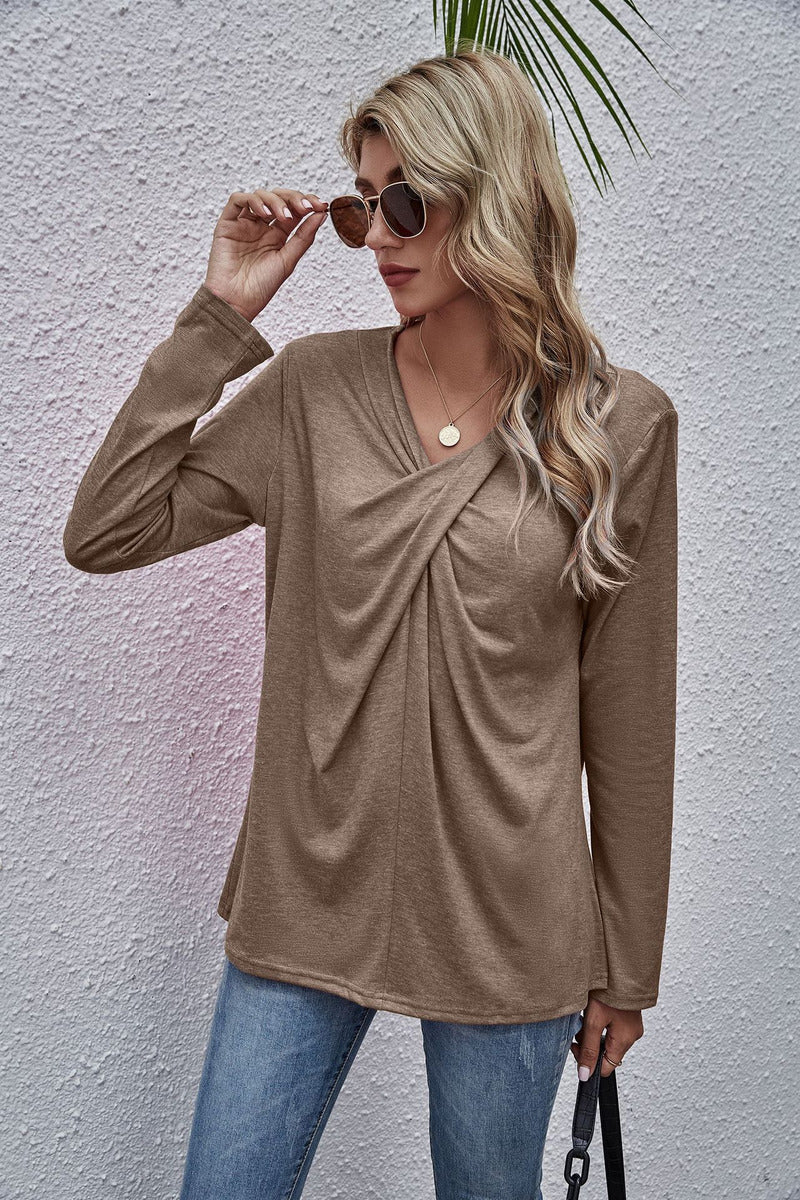 Solid Color V-neck Twisted Long-sleeved T-shirt Spot