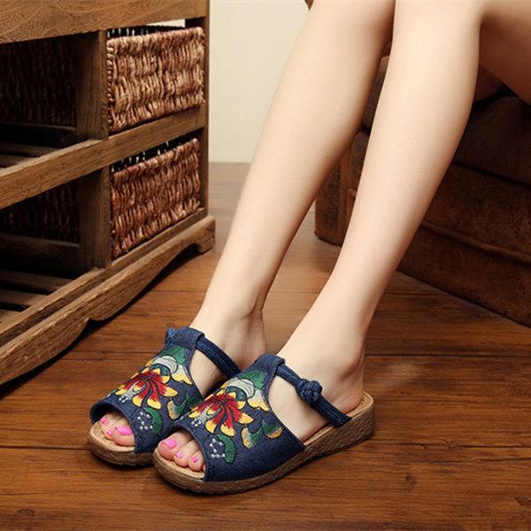 Embroidery Pattern National Wind Hollow Out Slip On Flat Sandals