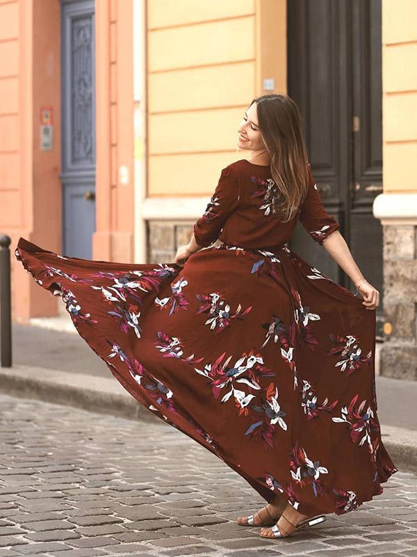 Bohemia Printed Three-quarter Sleeve Maxi Dresses