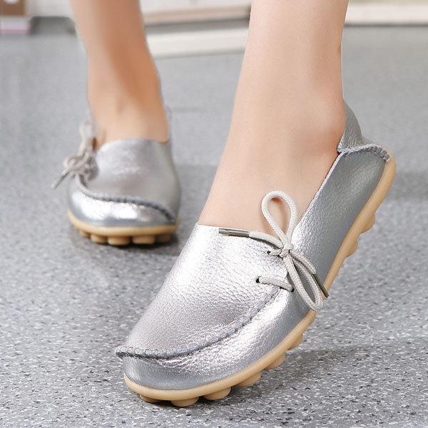 Big Size Shine Lace Up Flat Soft Pure Color Leather Shoes