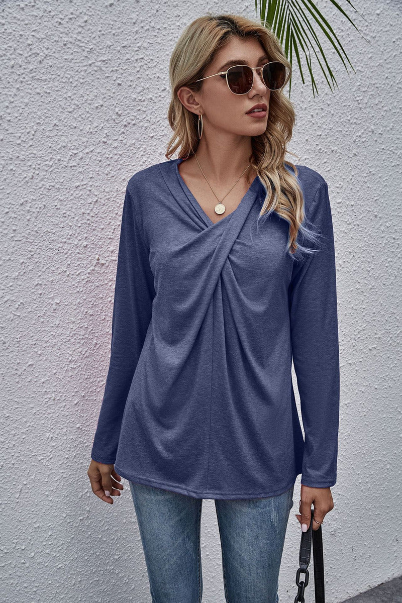 Solid Color V-neck Twisted Long-sleeved T-shirt Spot