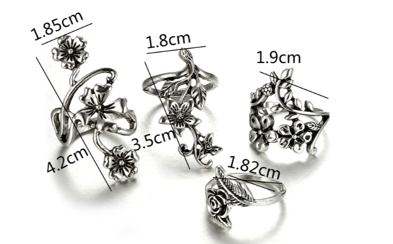 Vintage 4 Pcs Ring Set Bohemian Flower Silver Rings Punk Knuckle Ring Set