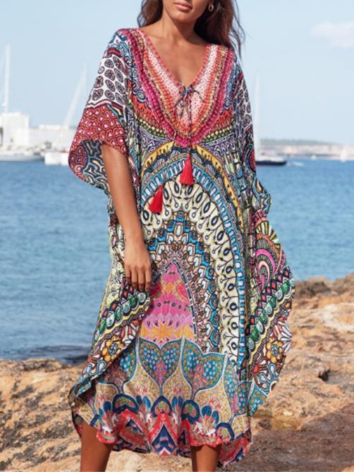 Women Retro Print Beach Cover Up Long Kaftan Dress Sun Protection Beachwear