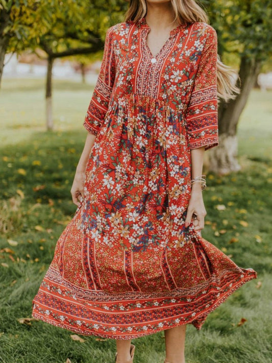 Digital print vintage temperament long bohemian dress