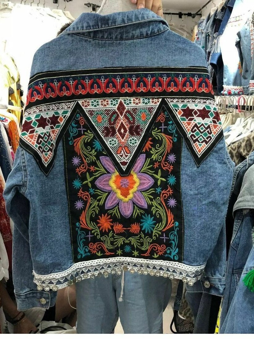 Heavy Industry Embroidery National Style Retro Old Loose Lapel Holiday Long Sleeve Denim Coat