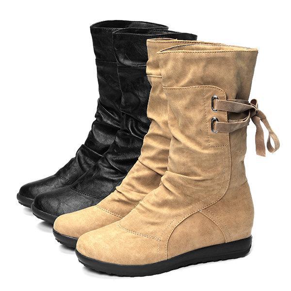 Big Size Pure Color Lace Up Mid Calf Flat Knight Boots