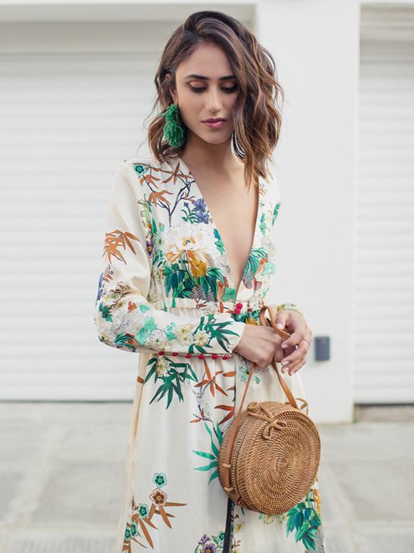 Sexy Boho Deep V Neck Floral Printed Long Sleeves Dress