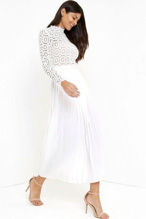 White Lace Splice Long Sleeve Maxi Dress