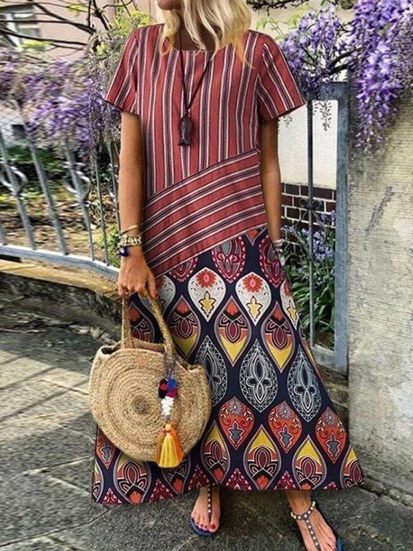 Printed Long Dress Short Sleeved Striped Women's Dress