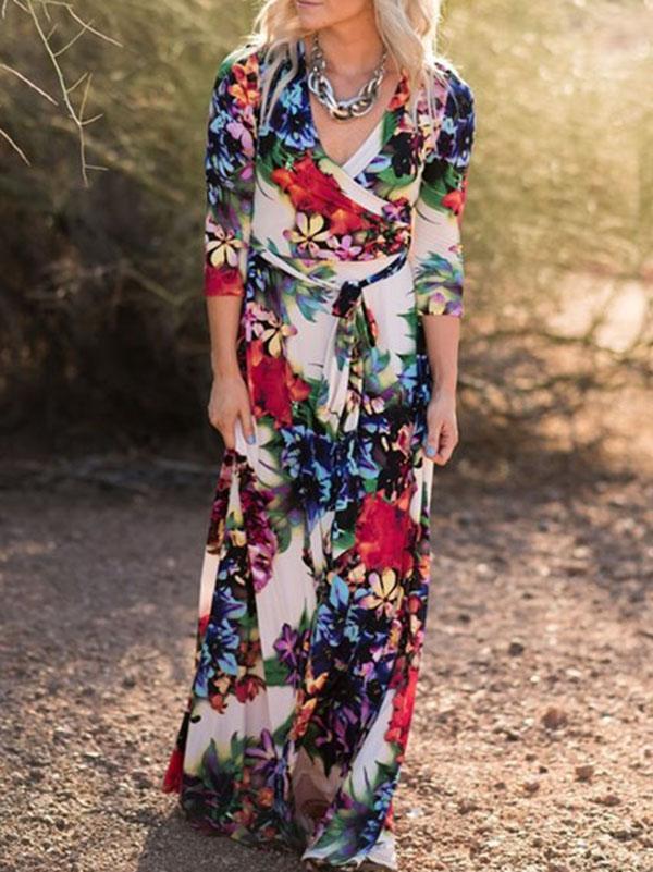 Fashion V-neck Long Sleeves Maxi Dress