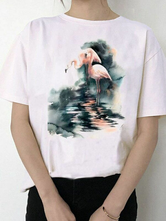 Women Summer Vintage Watercolor Flamingo Animal Printed T-shirt