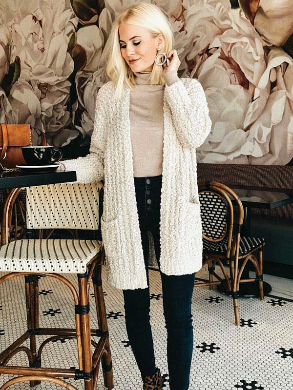 Solid Color Long Sleeve Open Front Chunky Cardigan Sweater