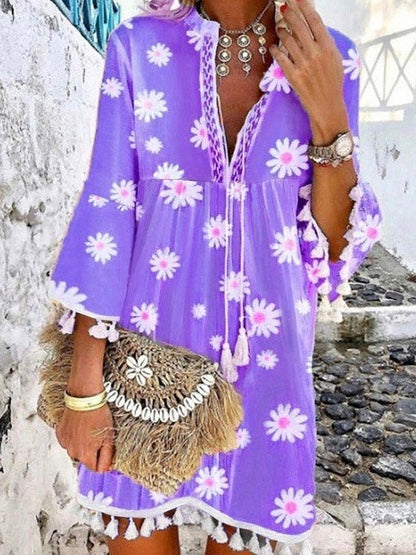 Summer New Style Printed Daisy Ruffled Fringed V-neck Dress