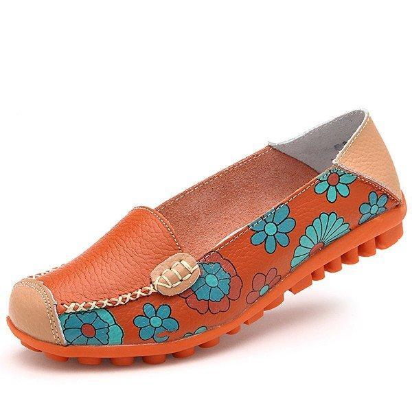 Floral Print Color Matching Soft Comfortable Slip On Flat Shoes