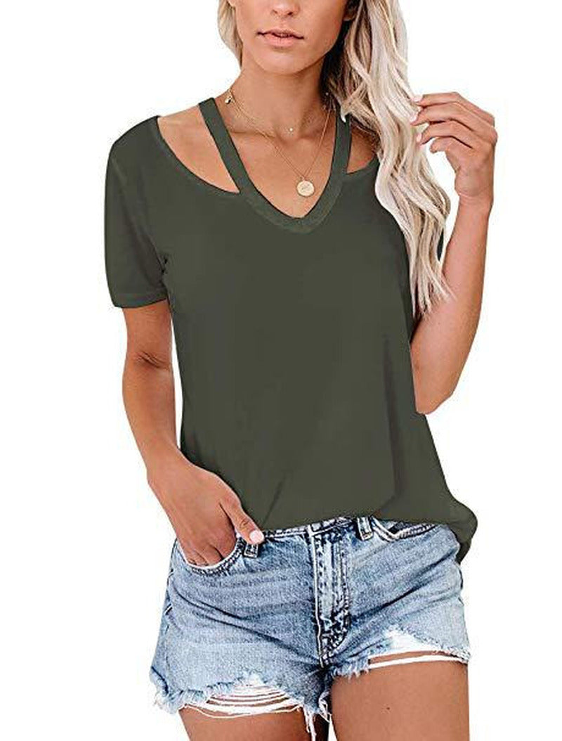 Women's Solid Color Strapless Short-sleeved Tops V-neck T-shirt