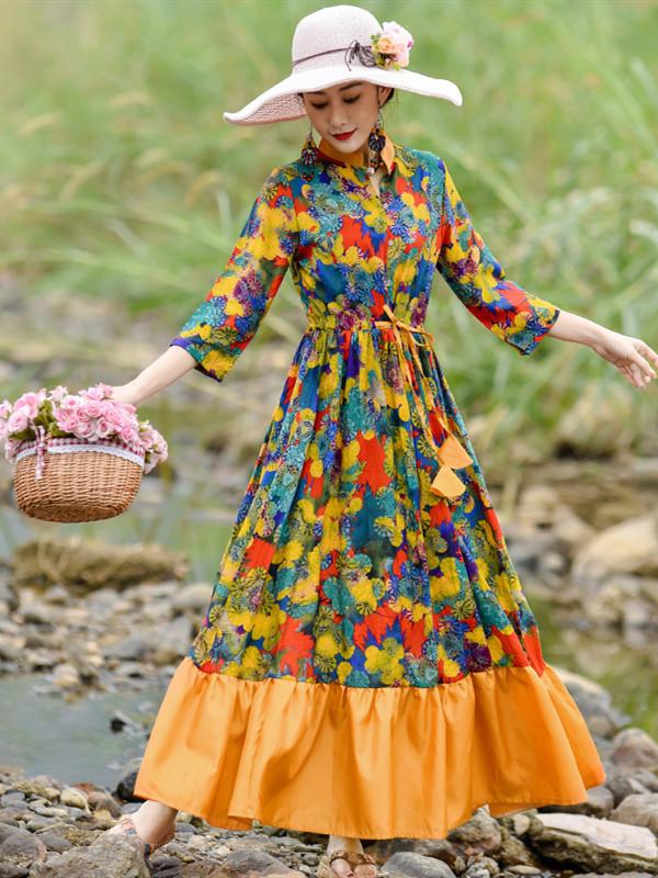 Spring and Autumn Seaside Vacation Loose Waist  Dress