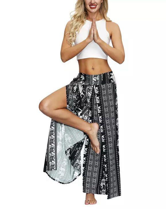 Ethnic style elegant split wide leg pants women loose fitness yoga pants-2