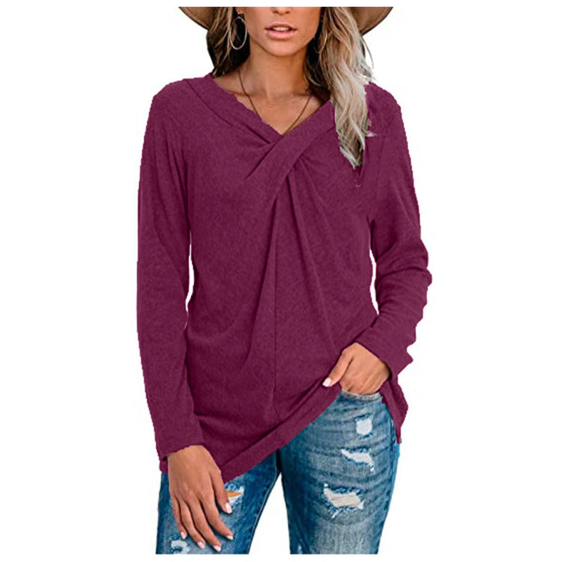 Solid Color V-neck Twisted Long-sleeved T-shirt Spot