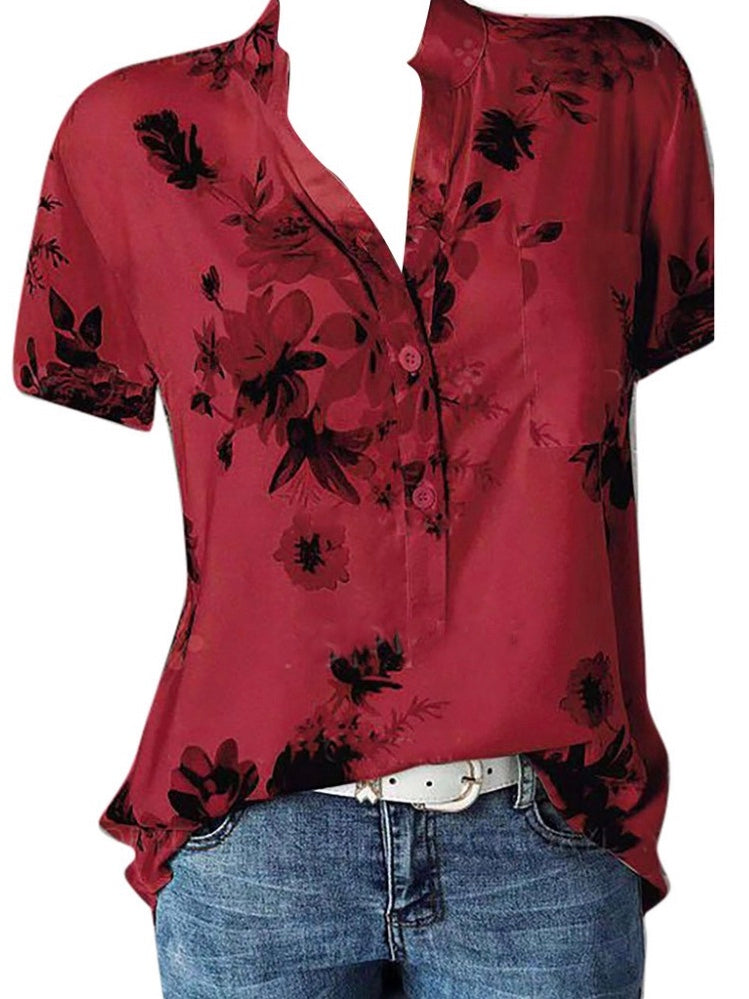 Fashion Women Blouses Printing Pocket Plus SizeShort Sleeve Tops