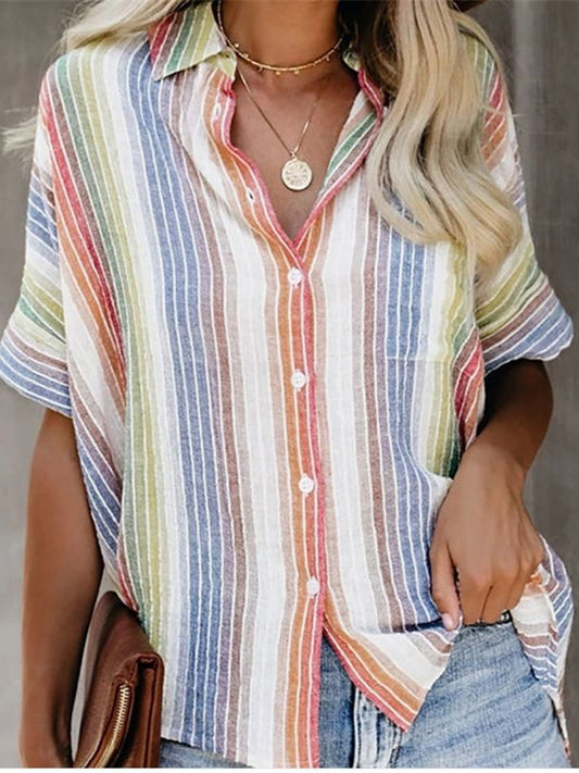 Fashion Casual Color Striped Shirt Button Short Sleeve Shirt