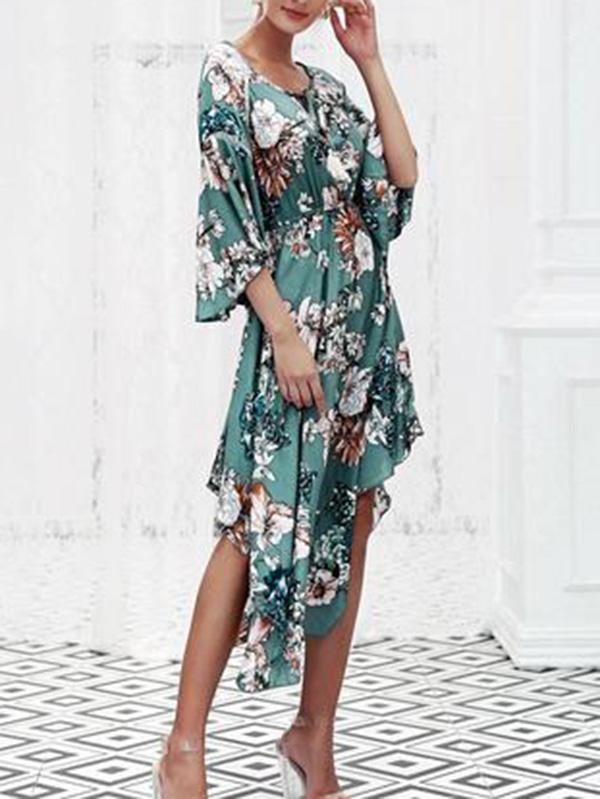 V NECK LONG SLEEVES FLORAL MIDI DRESS