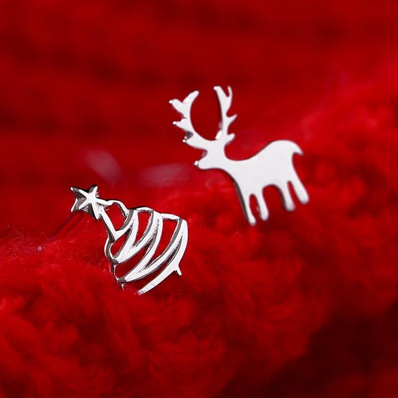 Cute Deer Christmas Tree Sliver Color Stud Earrings