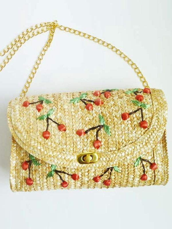 Bohemia Vacation Beach Bag Hand Embroidered Cherry Straw Woven Bag Diagonal Bag