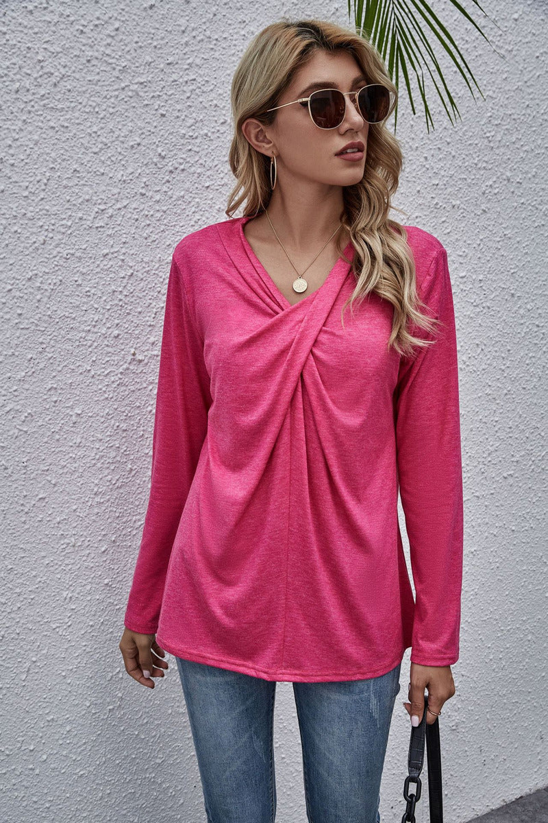 Solid Color V-neck Twisted Long-sleeved T-shirt Spot