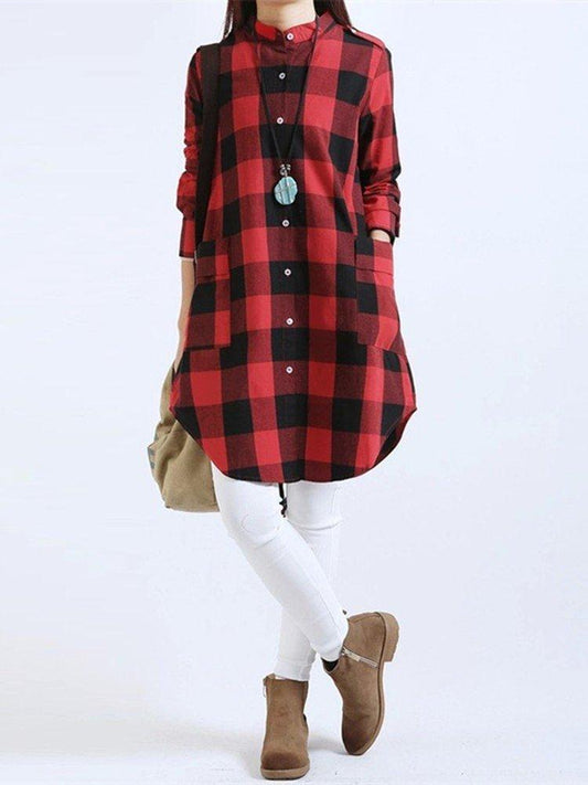 Women Long Sleeve Boyfriend Scottish Plaid Pockets Button Blouses