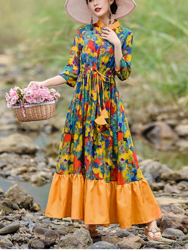 Spring and Autumn Seaside Vacation Loose Waist  Dress