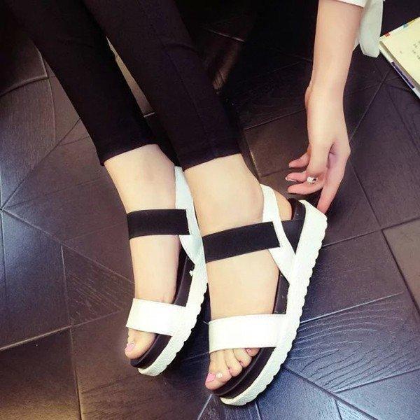 Pure Color Peep Toe Color Match Slip On Elastice Flat Sandals