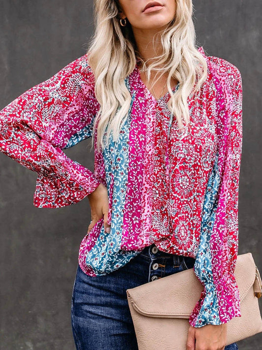 Summer Casual Loose Printing Long-sleeved V-neck Shirt