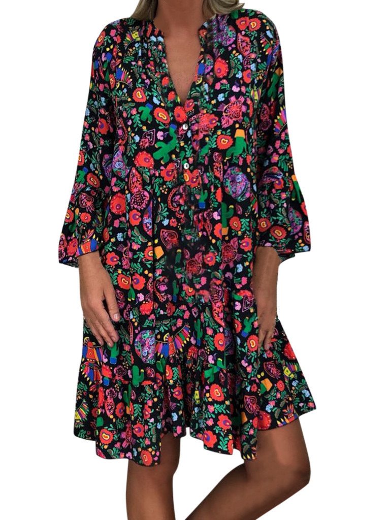 Women's Dresses Plus Size Loose Print Long Sleeve V-Collar Button Mini Dress