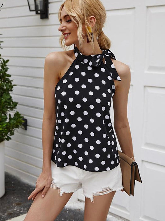 Women Summer Elegant Tie Bow Casual Black Polka-dot Tank Tops