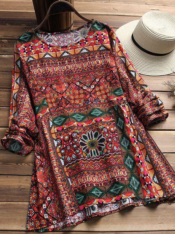 Cotton and Hemp Printing Loose Size Long-sleeved Shirt