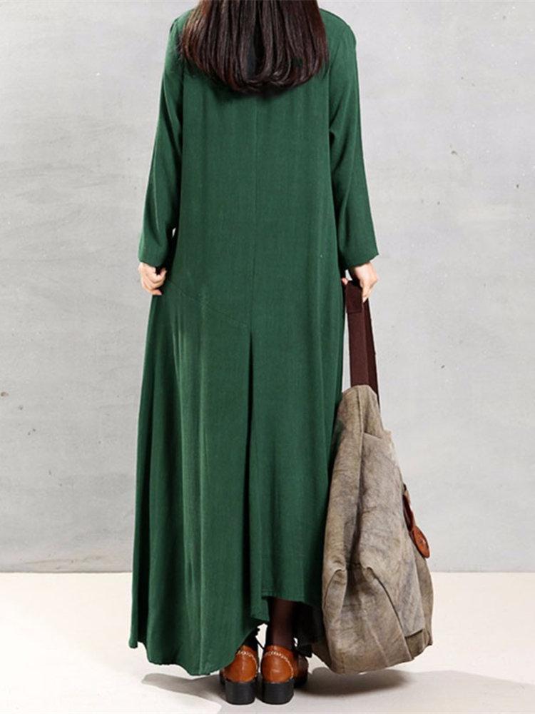 Women Vintage Cotton Tunic Loose Large Size Long Sleeve Maxi Dress